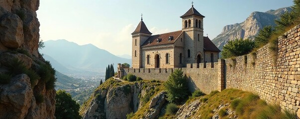 Ancient church nestled within a medieval city's protective walls, offering a serene view of aged stone and timeless architecture The scene evokes history, faith, and resilience , monument, ancient