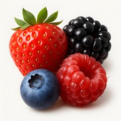 Fresh berries on white background. Strawberry, blackberry and raspberry. Freshness and juiciness of the berries, making it ideal for use in food marketing, healthy lifestyle promotions, or recipe