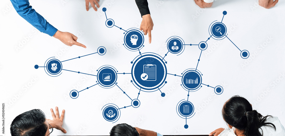 Poster a dynamic business meeting shows professionals engaged in analysis and decision-making through an in