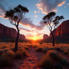 Sunset over a desert landscape with two trees and red rocks