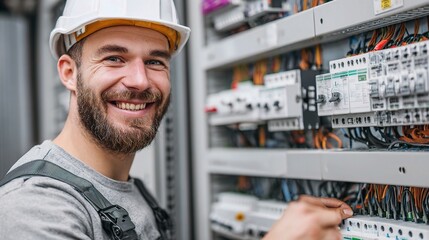 Electrician with Helmet and Overalls Adjusting Equipment in Studio