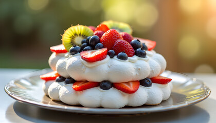 Delicious two layered pavlova with fresh berries and kiwi