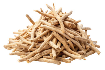 a pile of dry organic ashwagandha withania isolated on white