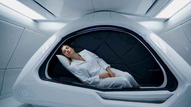 Sleep capsule holds resting astronaut, soft white tunnel glows, sleep capsule offers calm tech shelter, gentle hum of sleep capsule echoes future wellness, concept futuristic wellness