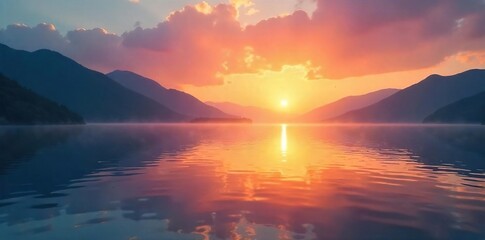 Serene sunrise over tranquil water, reflecting the peaceful renewal found in daily meditation Perfect for wellness, mindfulness, and spiritual themes , spiritual, yoga, energy