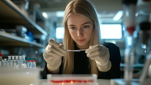 Blonde researcher uses sterile tweezers to adjust material inside petri dish, precision and care visible through gloved hands, laboratory filled with test tubes and biosensors