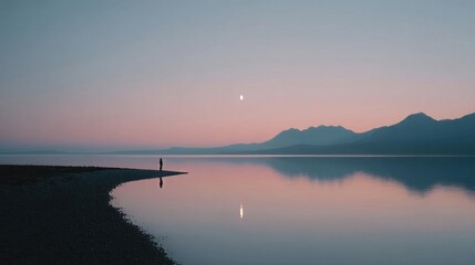 Fototapeta premium Solitary silhouette embraces twilight serenity over mirrored lake, evoking Lunar New Year, introspective solitude, and zen contemplation