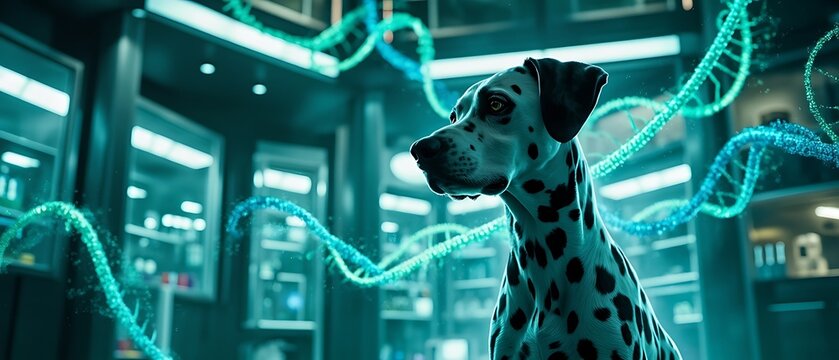 Dalmatian dog in a futuristic laboratory setting with glowing dna strands representing genetic research and analysis