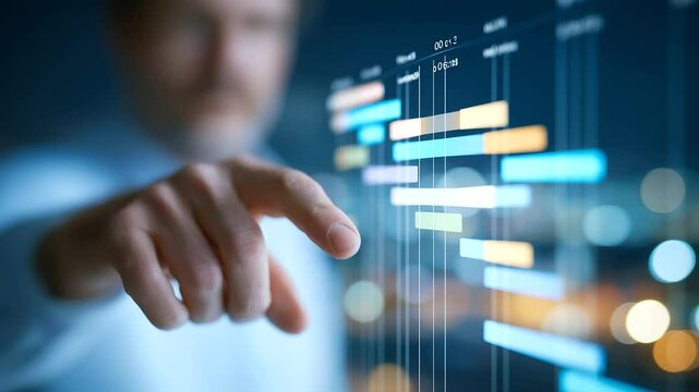 Project manager efficiently monitors business plan milestones with specialized software.