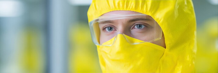 A focused gaze behind safety goggles, a young Caucasian scientist in yellow hazmat suit embodies Lab Safety Day