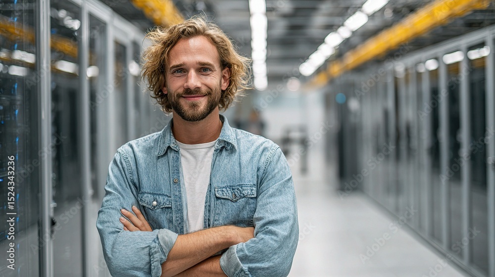 Poster smiling it engineer standing in data center with server racks