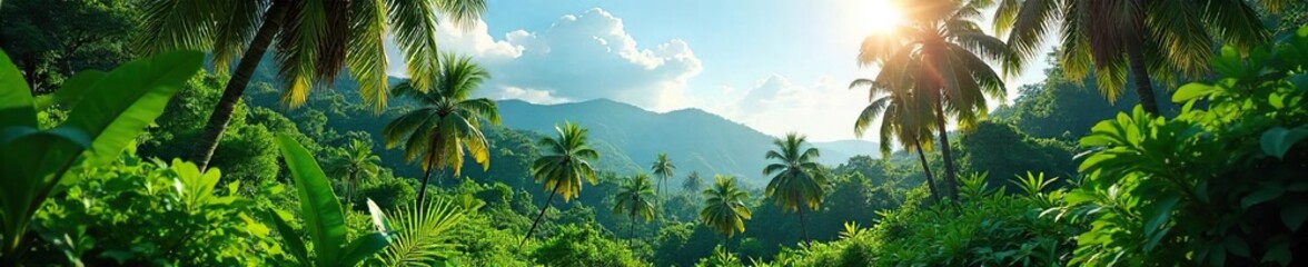 Lush tropical plantation scene with vibrant green foliage, mature trees, and abundant vegetation under a bright sunny sky Ideal for travel, tourism, or environmental themes , background, tropical