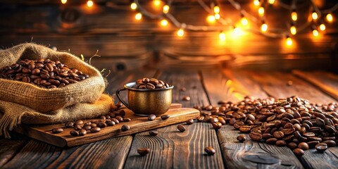Wooden table with scattered coffee beans in a rustic setting, surrounded by warm lighting and cozy textures , cozy, beans
