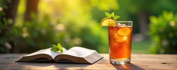 A sunlit patio scene featuring a glass of iced tea, a book, and lush greenery, embodying a relaxed and sophisticated sipping lifestyle , beverage, leaves