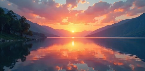 A serene sunrise over a calm lake, reflecting a peaceful and healthy lifestyle choice Perfect for wellness, mindfulness, and healthy living content , self-care, nature, tranquility