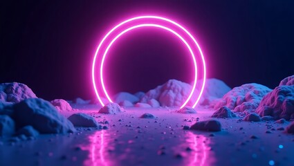 A high-quality 3D rendered image featuring a glowing neon ring in the middle of a dark, surreal rocky terrain. Generative Ai.