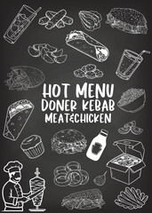 Vintage restaurant menu prepared with carefully hand-drawn food illustrations on a chalkboard.