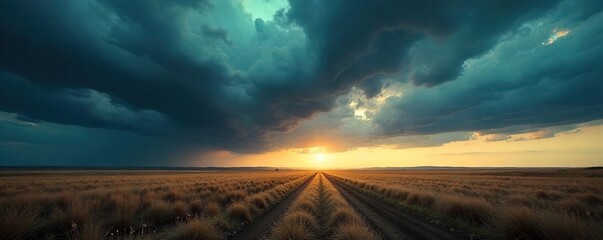 A dramatic, stormy sky above a vast, empty landscape evokes feelings of intense loneliness and overwhelming emotion The scene is powerful and visually arresting , open, perspective, color