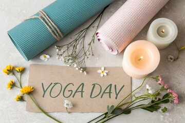 Yoga day celebration with mats candles and flowers