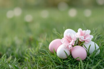 Nestled in lush grass, pastel eggs adorned with blossoms evoke Easter's renewal and Japan's Hanami flower celebration