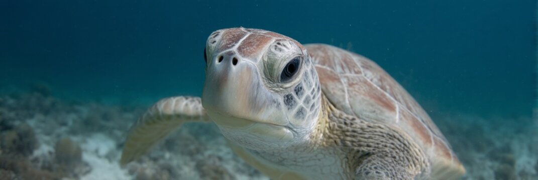Gentle sea turtle gliding through cerulean whispers, evoking World Oceans Day and the mystical folklore of mariners