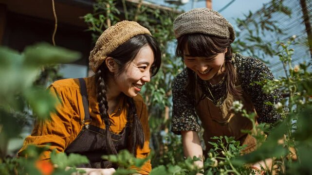 野菜畑で共に作業する日本人女性同士のカップル
