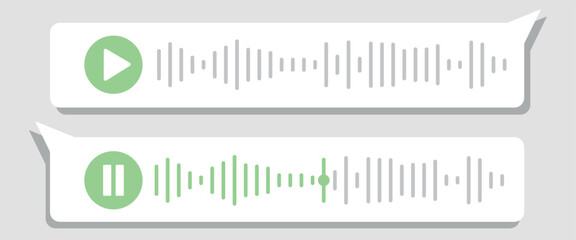 Audio speech spectrum noise with play and pause button. Mobile messenger app chat. Sound wave of voice. Record interface. Equalizer icon with soundwave line. Vector illustration.
