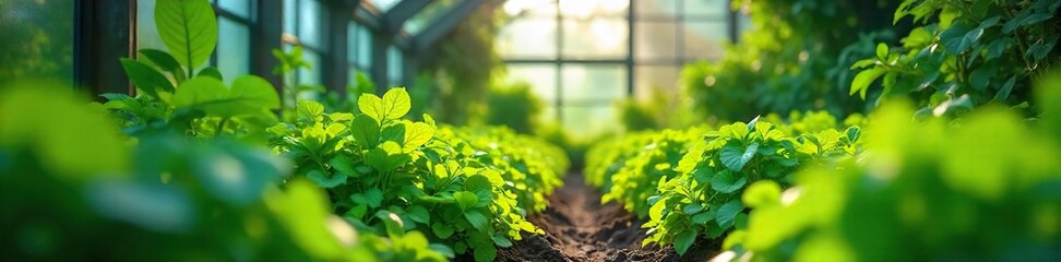 Lush green plants thrive in a vibrant greenhouse environment, bathed in sunlight streaming through glass panels Perfect for gardening, botany, and nature themes , flora, vibrant colors
