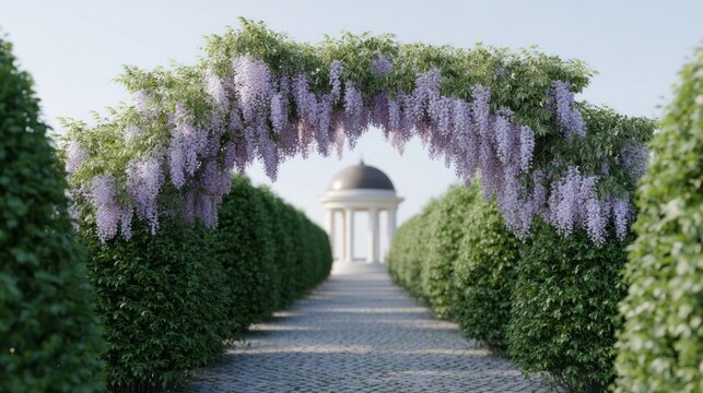 Cobblestone path under lavender wisteria archway to a domed pavilion, perfect for secret garden weddings or Arbor Day strolls - Powered by Adobe