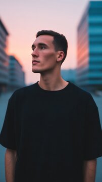 Pensive European man in twilight urban landscape, contemplating life's labyrinth on the cusp of Bonfire Night introspection