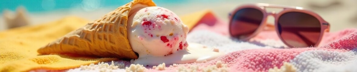 A melting ice cream cone drips onto a sunny beach towel, next to a pair of sunglasses A hilariously sticky summer mishap!, melting ice cream, funny summer