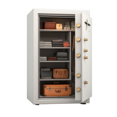 Secure Safe with Organized Shelves for Personal Storage Featuring Luggage, Towels, and Accessories in a Modern Design