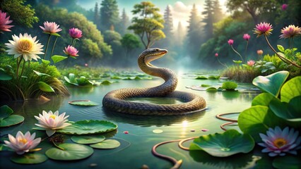Coiled serpent gliding through aquatic plants with water lilies and lotus flowers in a serene lake environment, foliage, underwater scene