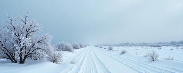 A desolate, icy landscape stretches under a grey, overcast sky; frost clings to barren branches, conveying a sense of stark, winter coldness , chilly, sky