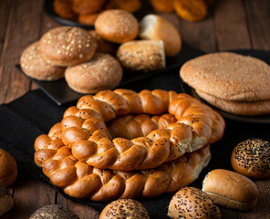 Classic baguette. Braided bread loaf. Majdal-style bread rich in minerals and fiber.