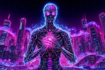 Intricate cyborg pulsating under neon skies, futuristic human-machine symbiosis, Cyber Monday icon, embraces technomancer's vigil, speculative future gleams