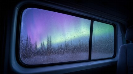 Vibrant aurora borealis dances wildly outside frosted window, evoking cosmic wonder of Yule and Sapmi heritage celebrations