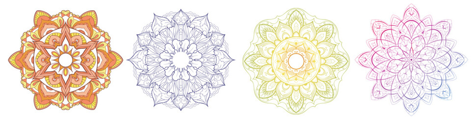 Set of Round gradient mandala vector. Traditional oriental ornament with a concentric gradient. Vector element for applying to objects for yoga, meditation, spiritual practices. Decorative ornament in