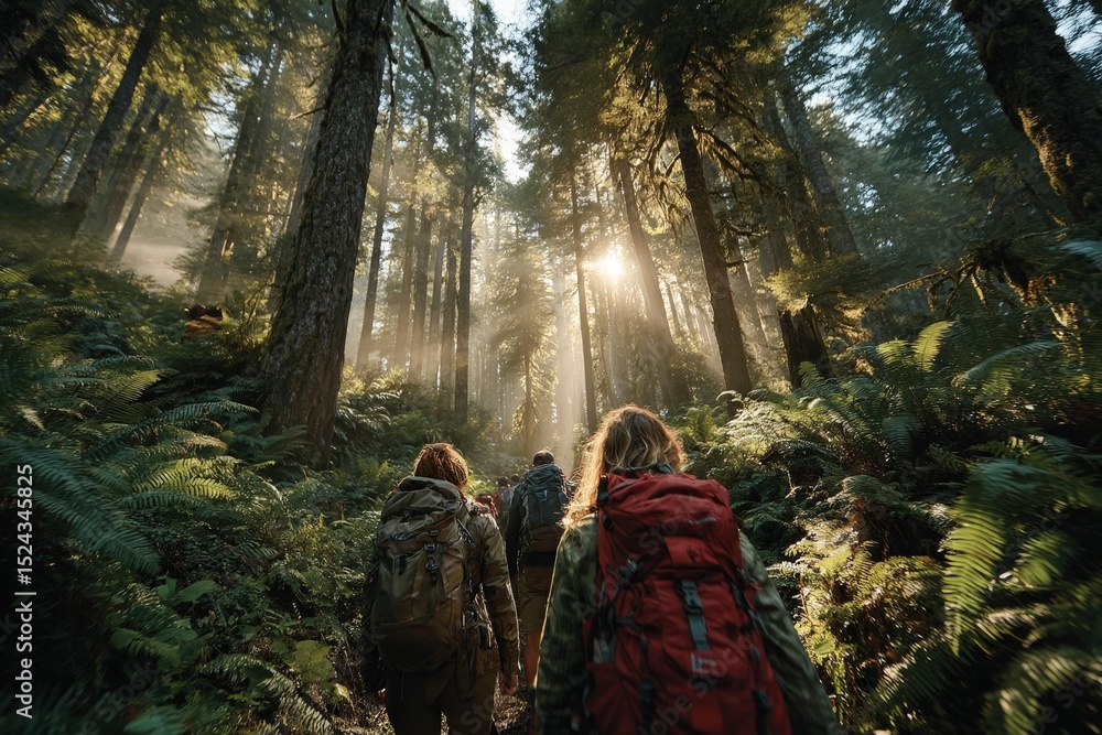 Poster hikers exploring a lush forest with sunlight streaming through the trees.
