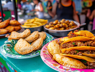 Close-up of traditional Latin American foods served at a street food stand, empanadas, tacos, and plantains on colorful plates, festival guests in background, vivid textures and natural lighting.