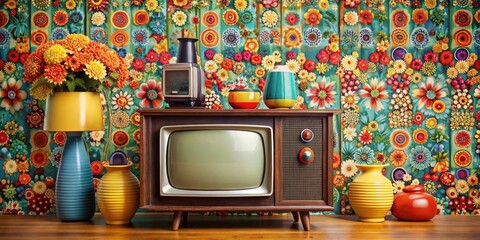 Retro TV set on a bright and bold floral patterned background with matching colored vases and decorative items