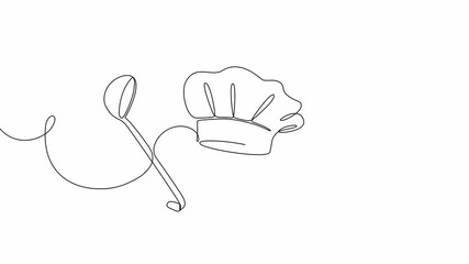 Video. Ladle, cooking spatula and chef's cap in one solid line. Single line editable cutlery template for business cards, banners. Symbol of cafe, restaurant. Animation on white background. 4K.