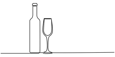 Wine Bottle and Wine Glass Continuous Line Icon. Minimalist linear sketch of alcohol drink in glass and bottle. one line drawing continuous minimalist vector illustration. Editable stroke.