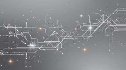 Abstract circuit board design with glowing nodes representing data connectivity on grey background