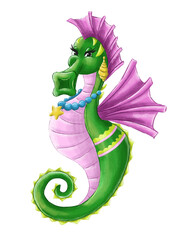 Cartoon green seahorse with glamorous decoration