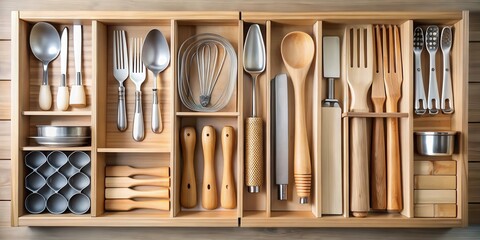 Wooden kitchen drawer organization, tidy kitchen, kitchen utensils