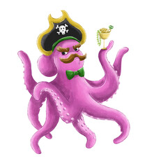 Cartoon pink pirat octopus with treasures