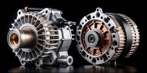 Generator parts such as motor, alternator and control unit on a black background