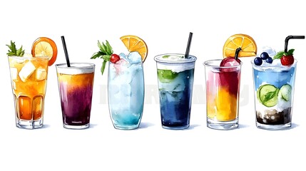 Fototapeta premium Watercolor illustration of six vibrant, refreshing cocktails in various glasses with garnishes