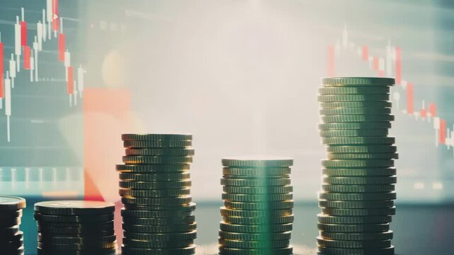 Professional businessman in suit carefully examines financial trading charts and market data with stacked coins creating focused analytical investment research atmosphere with dramatic lighting efects